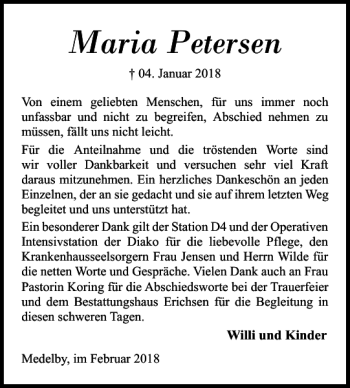 Traueranzeige von Maria Petersen von Flensburger Tageblatt