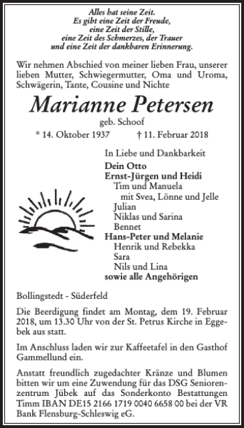 Traueranzeige von Marianne Petersen von Flensburger Tageblatt