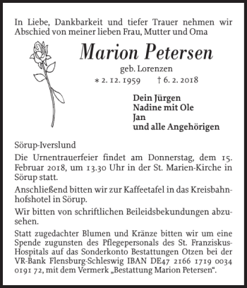 Traueranzeige von Marion Petersen von Flensburger Tageblatt