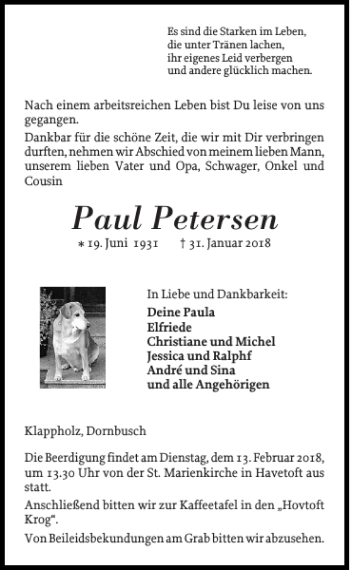 Traueranzeige von Paul Petersen von Flensburger Tageblatt