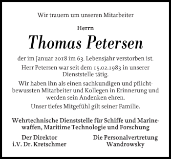 Traueranzeige von Thomas Petersen von Eckernförder Zeitung