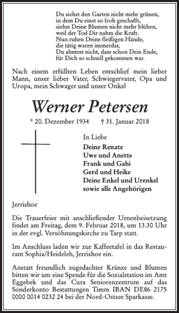 Traueranzeige von Werner Petersen von Flensburger Tageblatt