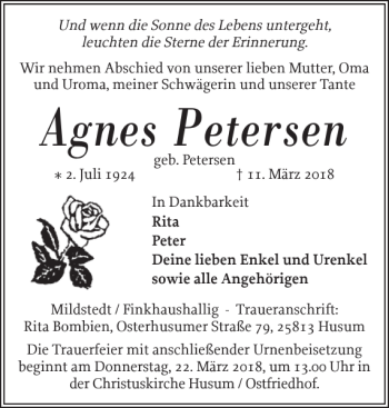 Traueranzeige von Agnes Petersen von Husumer Nachrichten