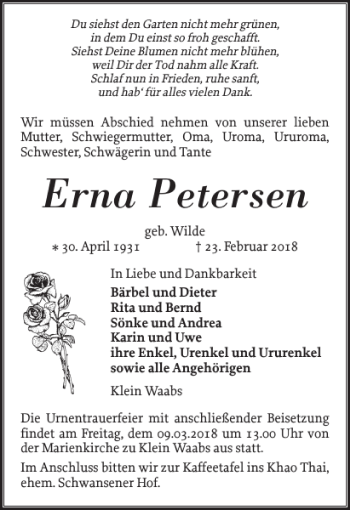 Traueranzeige von Erna Petersen von Eckernförder Zeitung