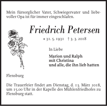 Traueranzeige von Friedrich Petersen von Flensburger Tageblatt