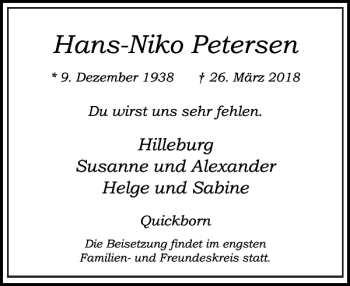 Traueranzeige von Hans-Niko Petersen von Elmshorner Nachrichten