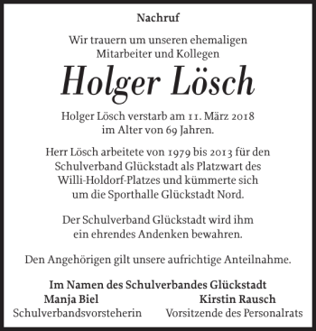 Traueranzeige von Holger Lösch von Norddeutsche Rundschau