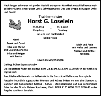 Traueranzeige von Horst G. Loselein von Flensburger Tageblatt