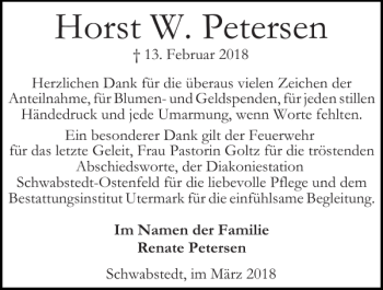 Traueranzeige von Horst W. Petersen von Husumer Nachrichten
