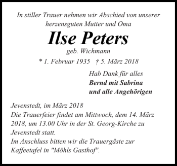 Traueranzeige von Ilse Peters von Landeszeitung