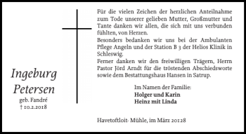 Traueranzeige von Ingeburg Petersen von Flensburger Tageblatt
