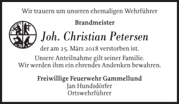 Traueranzeige von Joh. Christian Petersen von Schleswiger Nachrichten