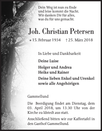 Traueranzeige von Joh. Christian Petersen von Schleswiger Nachrichten