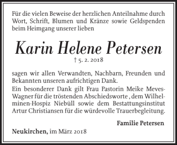 Traueranzeige von Karin Helene Petersen von Nordfriesland Tageblatt