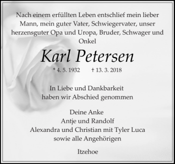 Traueranzeige von Karl Petersen von Norddeutsche Rundschau