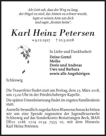 Traueranzeige von Karl Heinz Petersen von Schleswiger Nachrichten