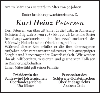 Traueranzeige von Karl Heinz Petersen von Schleswiger Nachrichten