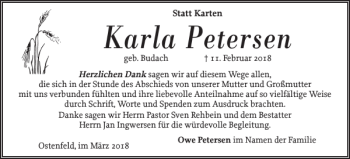 Traueranzeige von Karla Petersen von Husumer Nachrichten