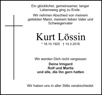 Traueranzeige von Kurt Lössin von Holsteinischer Courier
