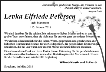 Traueranzeige von Levka Elfriede Petersen von Husumer Nachrichten