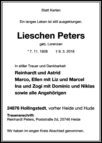 Traueranzeige von Lieschen Peters von Husumer Nachrichten
