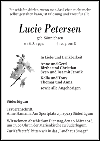 Traueranzeige von Lucie Petersen von Nordfriesland Tageblatt