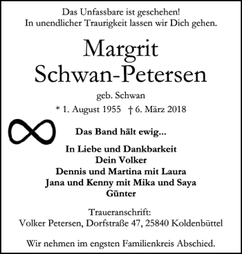 Traueranzeige von Margrit Schwan-Petersen von Husumer Nachrichten