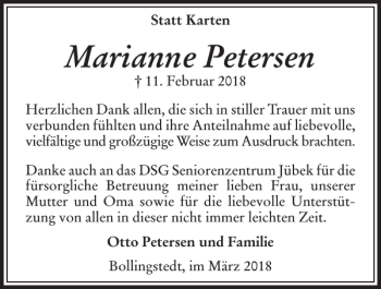 Traueranzeige von Marianne Petersen von Flensburger Tageblatt