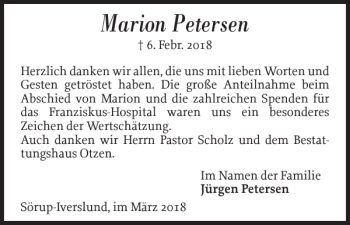 Traueranzeige von Marion Petersen von Flensburger Tageblatt
