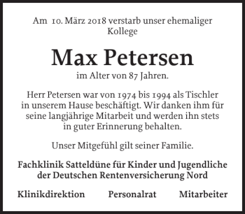 Traueranzeige von Max Petersen von Der Insel-Bote