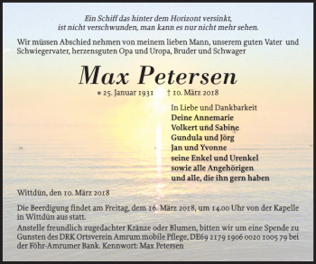 Traueranzeige von Max Petersen von Der Insel-Bote