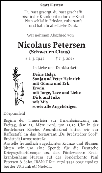Traueranzeige von Nicolaus Petersen von Husumer Nachrichten
