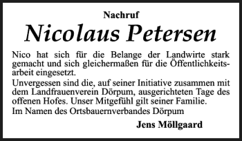 Traueranzeige von Nicolaus Petersen von Husumer Nachrichten