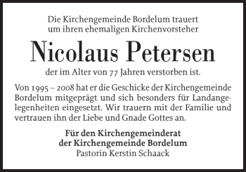 Traueranzeige von Nicolaus Petersen von Husumer Nachrichten