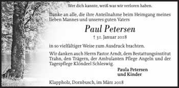 Traueranzeige von Paul Petersen von Flensburger Tageblatt