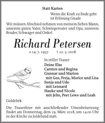 Traueranzeige von Richard Petersen von Husumer Nachrichten