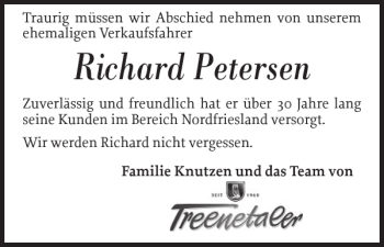 Traueranzeige von Richard Petersen von Husumer Nachrichten