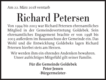 Traueranzeige von Richard Petersen von Husumer Nachrichten