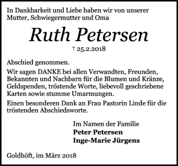 Traueranzeige von Ruth Petersen von Flensburger Tageblatt