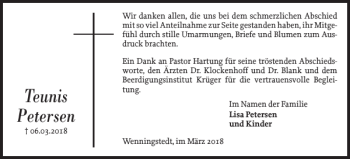 Traueranzeige von Teunis Petersen von Sylter Rundschau