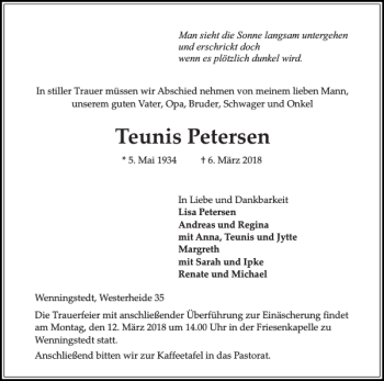 Traueranzeige von Teunis Petersen von Sylter Rundschau