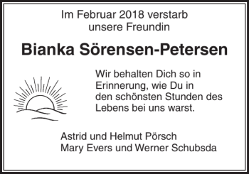 Traueranzeige von Bianka Sörensen-Petersen von Uetersener Nachrichten