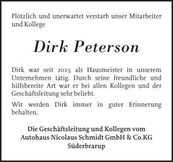 Traueranzeige von Dirk Peterson von Schlei-Bote