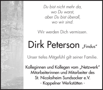 Traueranzeige von Dirk Peterson von Schlei-Bote
