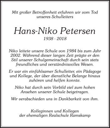 Traueranzeige von Hans-Niko Petersen von Elmshorner Nachrichten