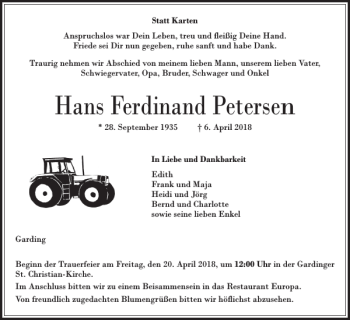 Traueranzeige von Hans Ferdinand Petersen von Flensburger Tageblatt