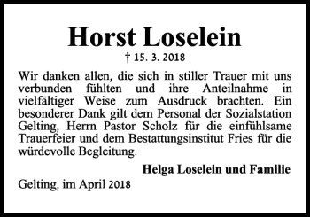 Traueranzeige von Horst Loselein von Flensburger Tageblatt