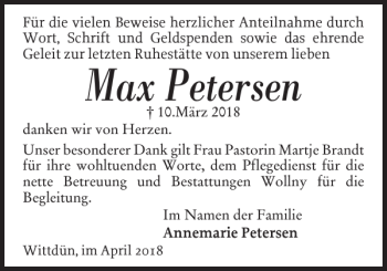 Traueranzeige von Max Petersen von Der Insel-Bote
