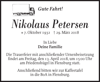 Traueranzeige von Nikolaus Petersen von Flensburger Tageblatt