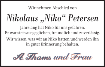 Traueranzeige von Nikolaus Niko Petersen von Flensburger Tageblatt